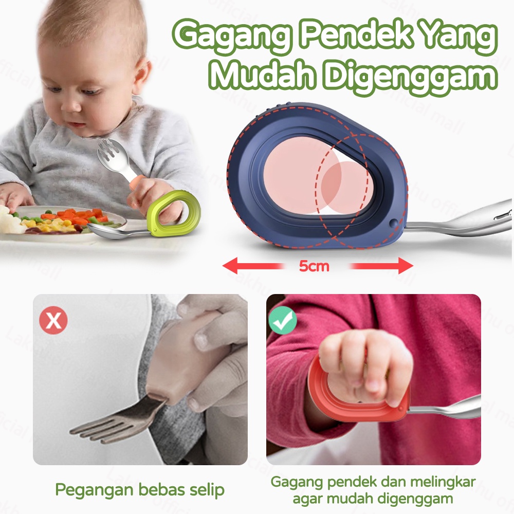 Lakhu Sendok Garpu Set Anak BLW Stainless Bayi Free Case Training Spoon Stainless Steel with Silicone Handle