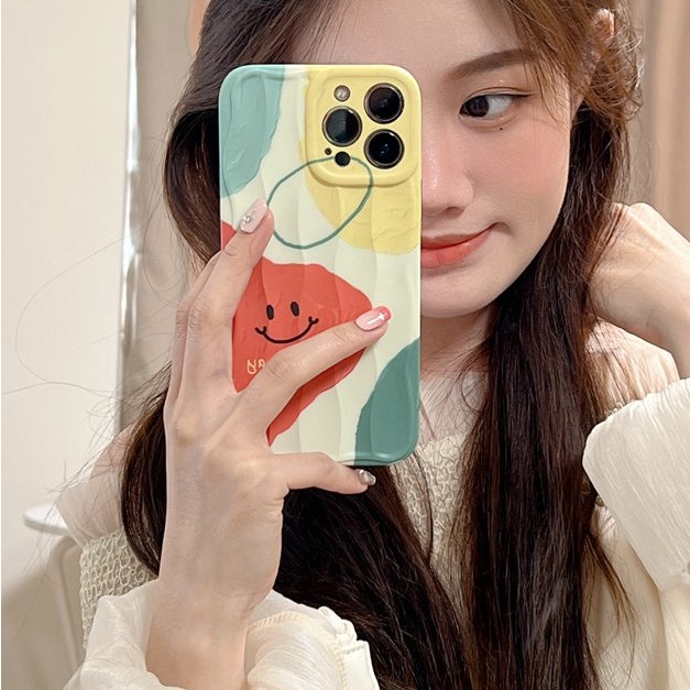 INS Geometry Smile Soft Silicon Case HP iP iPhone 14 + Plus 12 13 Pro Max 11 IMD Lucky Day Casing Apple