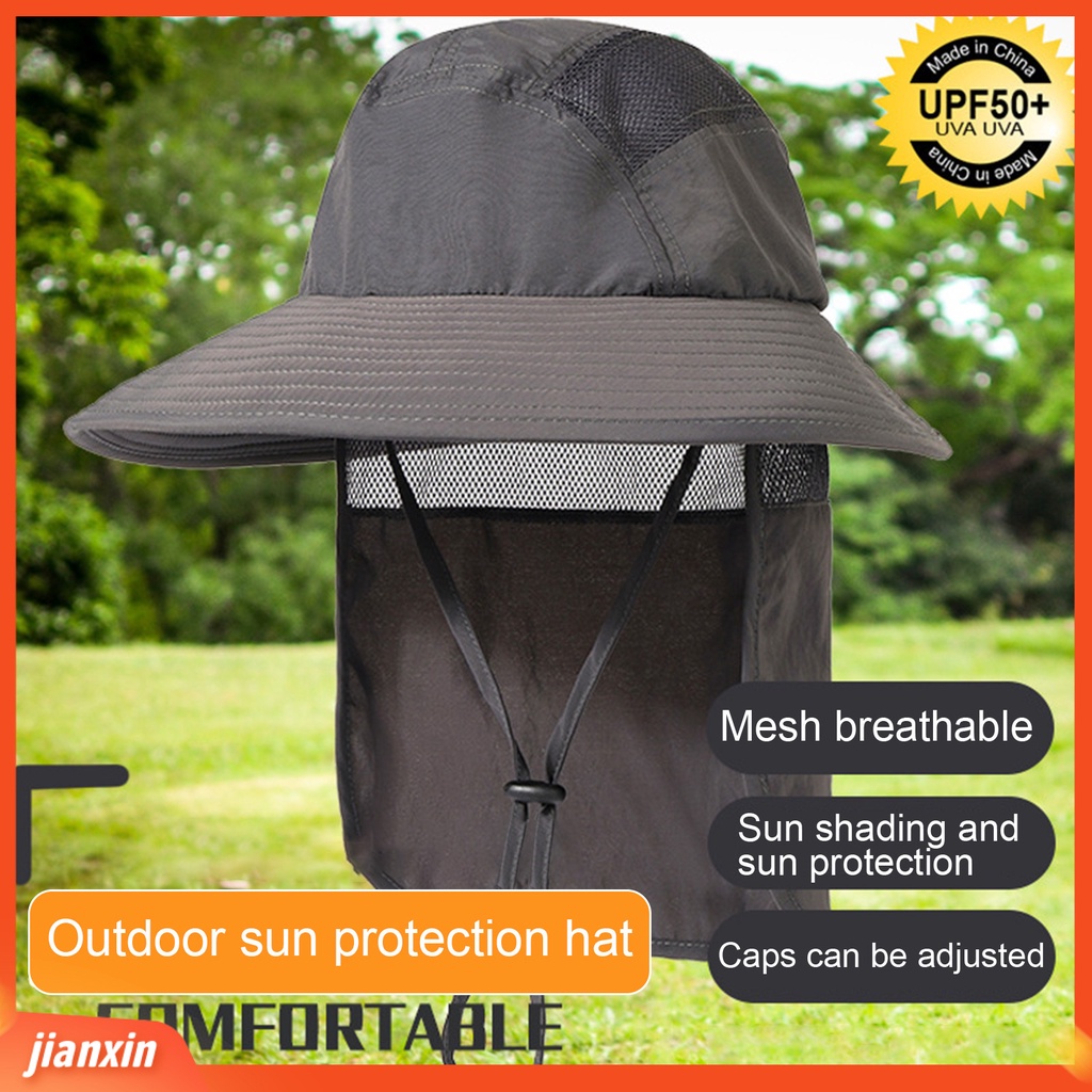 (In Stock) Unisex Topi Matahari Pinggiran Lebar Mesh Bernapas Adjustable Tahan UV Lipat Blok UV Nilon Outdoor Camping Memancing Topi Matahari Dengan Flap Leher Untuk Pria