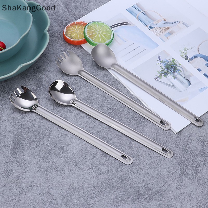 Skid Outdoor Titanium Peralatan Makan Titanium Murni Garpu Sendok Camping Gagang Panjang Dipanjangkan Portabel Kopi Pengaduk Logam Dessert Spoon SKK