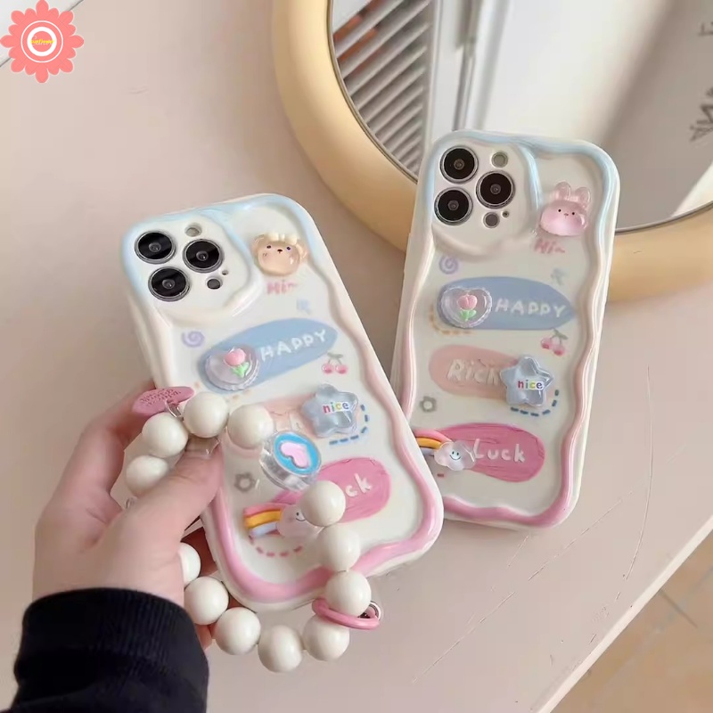 IPHONE 3d Boneka Lucu Beruang Manik-Manik Gelang Ponsel Case Kompatibel Untuk Iphone11 14 13 12 Pro Max 7Plus 78 Plus XR 6 6s X XS Max SE Kartun Yang Indah 3D Tepi Melengkung Bergelombang Lembut Mengkilap Cover