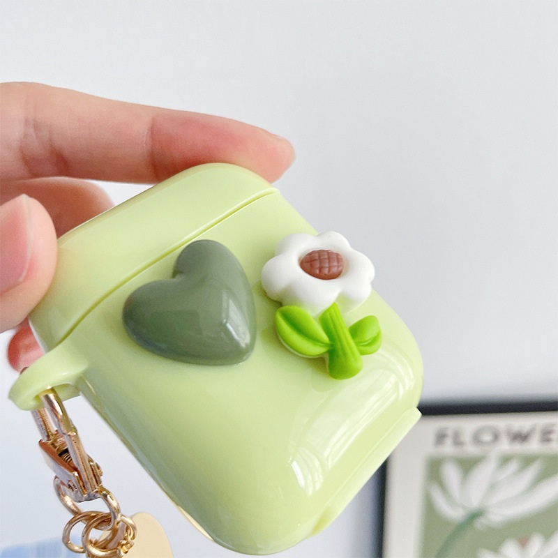 Musim Panas Hijau Muda 3D Cinta Hati Bunga Dengan Logam Berongga Liontin Bluetooth Earphone Lembut Pelindung Glossy TPU TWS Case Cover Untuk Airpods 1 2 3 PRO PRO2