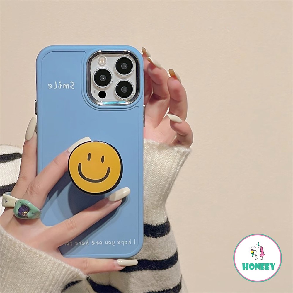 IPHONE Casing Ponsel Stand Smiley Kuning Sederhana Kompatibel Untuk Iphone14 Pro Max13 12 11Pro Max7 8Plus Xr Xs Lembut TPU Shockproof Handphone Cover