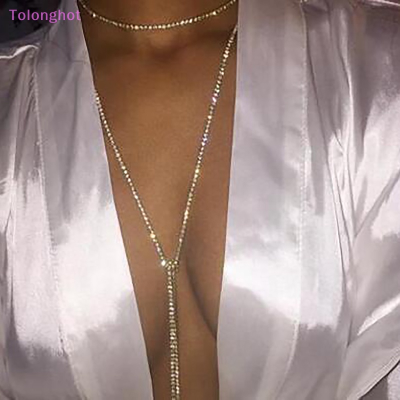 Tolonghot&gt; Bohemian Pantai Seksi Rantai Dada Untuk Wanita Berlian Imitasi Penuh Rantai Dada Silang Bersinar Kristal Bra Tubuh Kalung Choker Perhiasan well