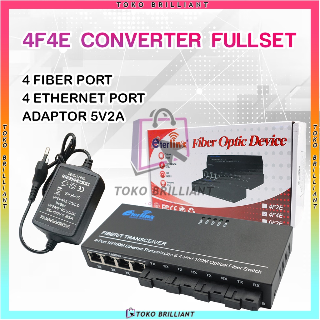 Media Converter Fiber Optic Device 4F4E Fullset Mendukung 5-12v AABB Port100M