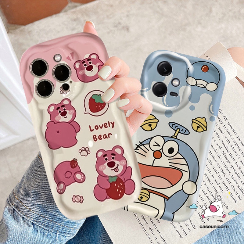 Cute Doraemon 3D Wavy Curved Edge Couple Case Untuk Infinix Hot 30i 10Lite 9 8 Hot 12 10 30 8 11 20 9 Play Note 12 4G 12 G96 Smart 6Plus 7 6 5 Kartun Strawberry Bear Manyo Soft Case