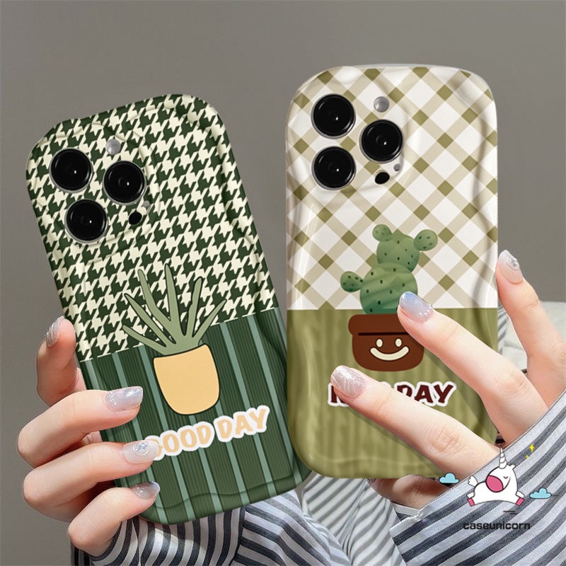 Fashion Casing Ponsel Tepi Melengkung Bergelombang 3D Untuk Infinix Hot12 10 30 8 11 20 9 Bermain Panas 30i 8 9 10Lite Note12 4G 12 G96 Pola Kisi Tanaman Pot Segar Kaktus Lembut Tpu Penutup Belakang