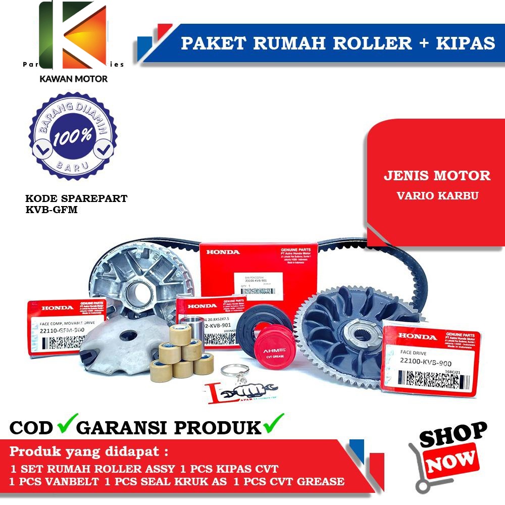 PAKET RUMAH ROLLER SET VANBELT VARIO 110 KARBU & KIPAS ROLLER VARIO 110 KARBU / KM