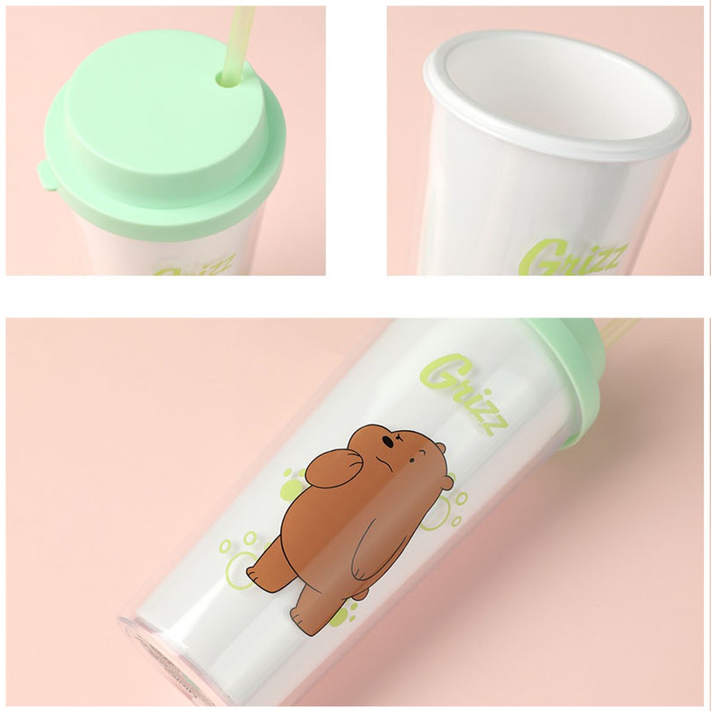 MINISO Botol Minum We Bare Bears Straw Tumbler Tumbler Jerami Plastik Botol Minum Sedotan