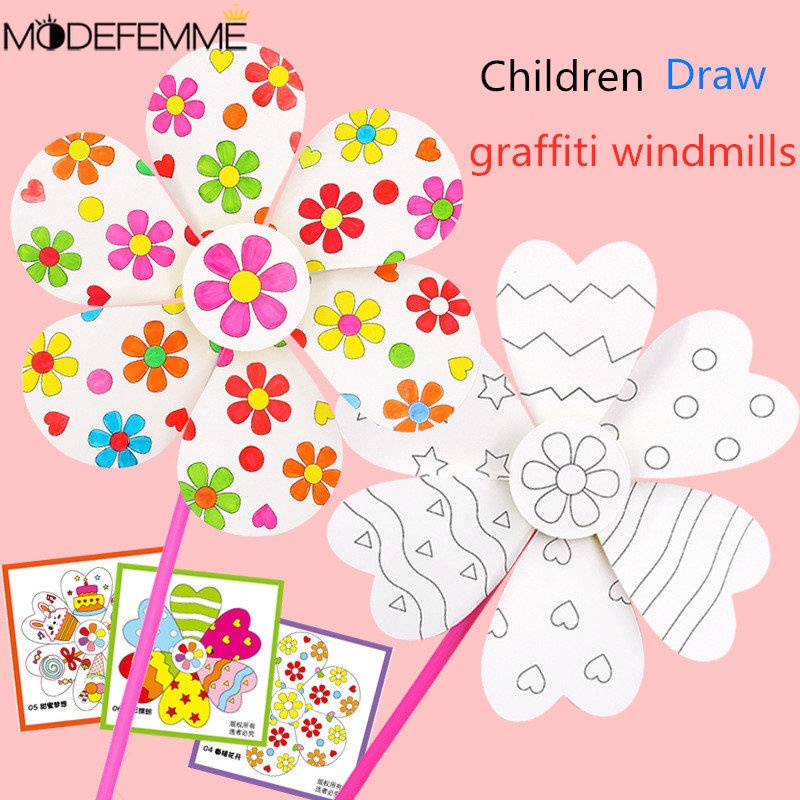 11pcs/set Anak-Anak Dicat Tangan Berwarna Kincir Angin Mainan DIY Kincir Angin Cat Menggambar Mainan Seni Kreatif Produksi Kosong Lukisan Kincir Angin Bahan Lukisan Grafiti Mewarnai Mainan