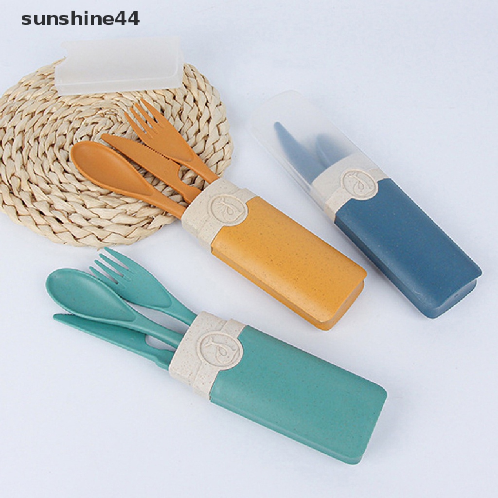 Sunshine Portable Reusable Spoon Fork Travel Piknik Wheat Straw Set Peralatan Makan Dengan Kotak ID