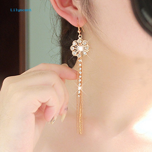 Lilyscent Wanita Pernikahan Linear Anting Bunga Mempesona Berlian Imitasi Rumbai Menjuntai Ear Hook