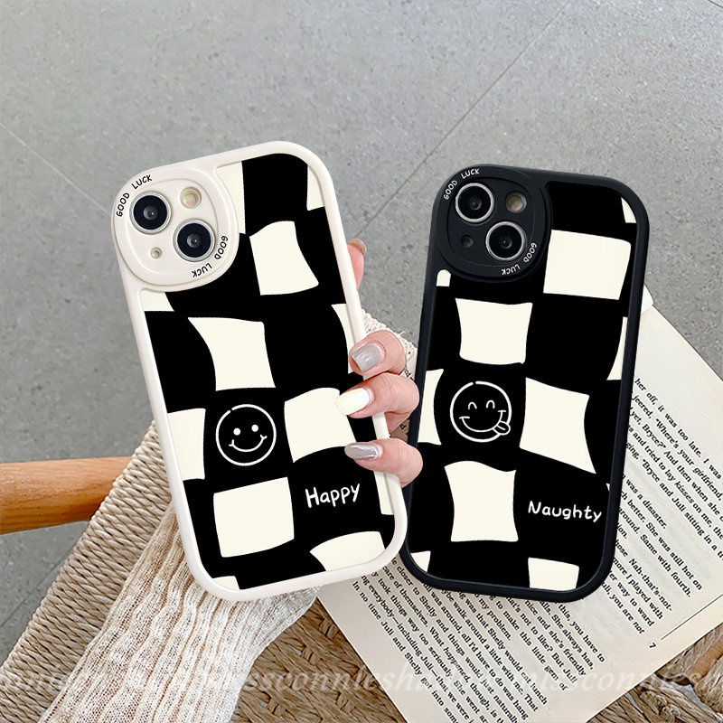 Casing Realme C53 C21Y C30 C25s C15 C55 10 C12 10 Pro Plus 5i 7i 6i 6s 6 8i 8Pro C11 C25Y C31 C35 5 9i 8 C21 GT C17 C2 C3 C20 C17 Simple Kotak-Kotak Pasangan Happy Smile TPU Sarung