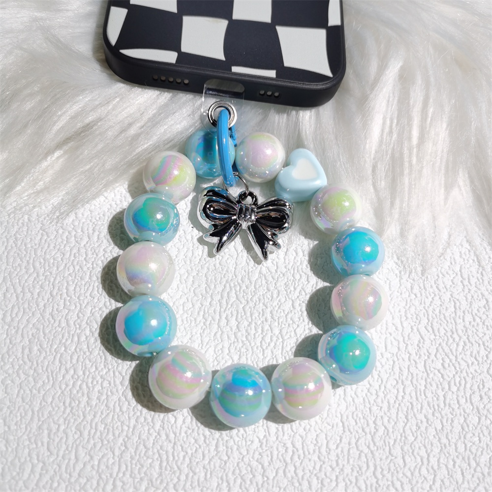 Perak Busur Biru Gantungan Kunci Rantai Ponsel Anti Hilang Lembut Tembikar Tali Tali Lanyard Manik Akrilik Warna-Warni Kasus Ponsel K37