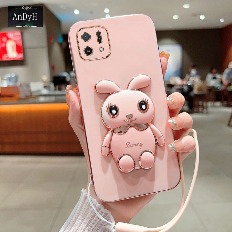 Andyh Case Handphone Untuk OPPO A16K A16E Kartun Lucu Kelinci Kecil Tepi Lurus Shell Lembut Mengirim lanyard Silikon
