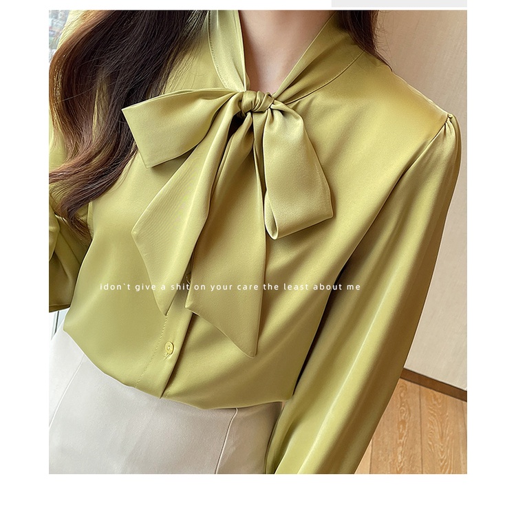 Kualitas Tinggi Putih Hijau Biru Blus Lengan Panjang Warna Solid Fashion Korea Garis Leher Kemeja
