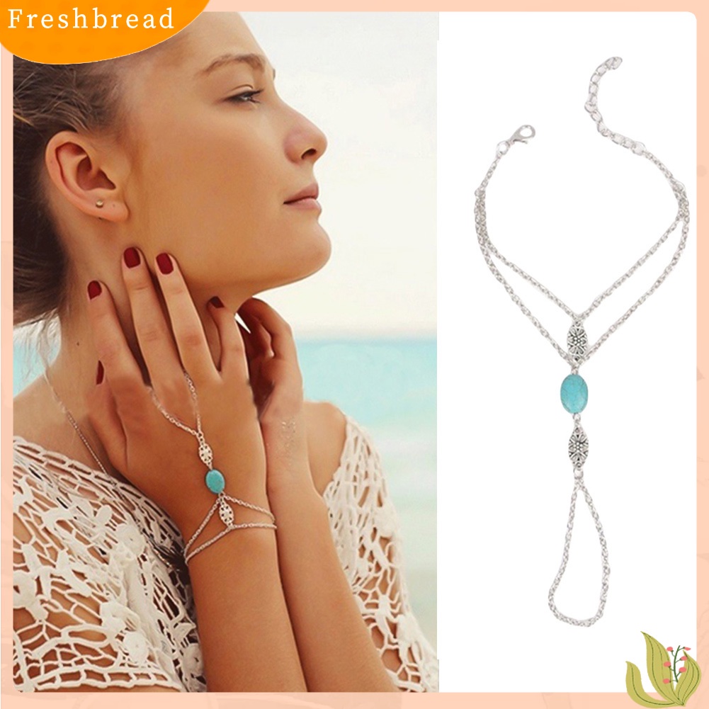 &lt; Freshbread &gt; Wanita Berongga Ukir Bunga Faux Turquoise Harness Tangan Rantai Cincin Link Gelang