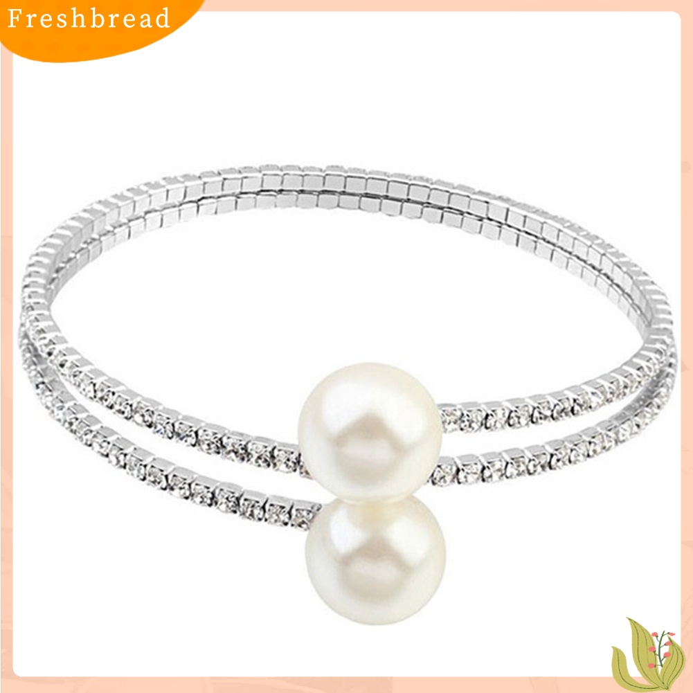 &lt; Freshbread &gt; Wanita Penuh Berlian Imitasi Multi-layer Gelang Pergelangan Tangan Mutiara Imitasi Cuff Open Bangle