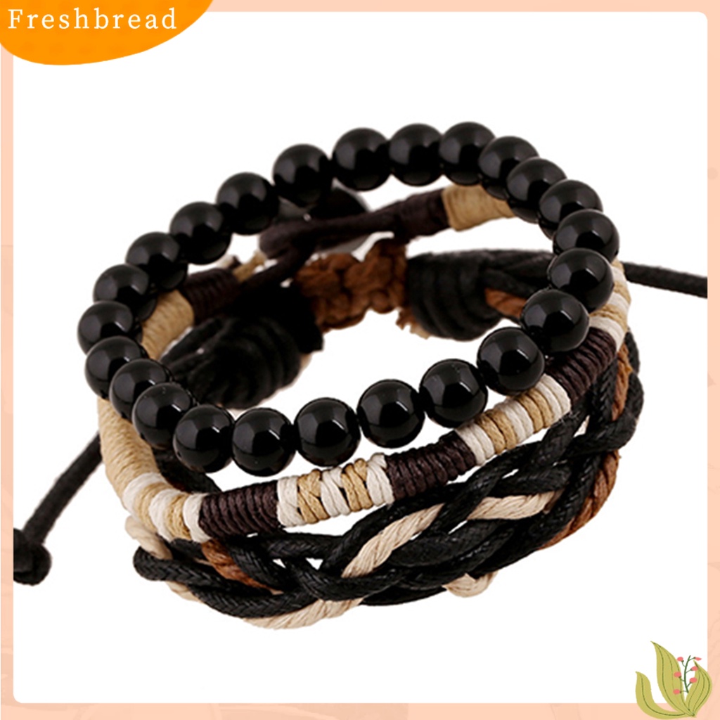 &lt; Freshbread &gt; 3Pcs Gelang Multilayer Fashion Aksesoris Manik-Manik Kayu Kulit Imitasi Bangle Lilin Tali Cuff Bracelets Untuk Pria