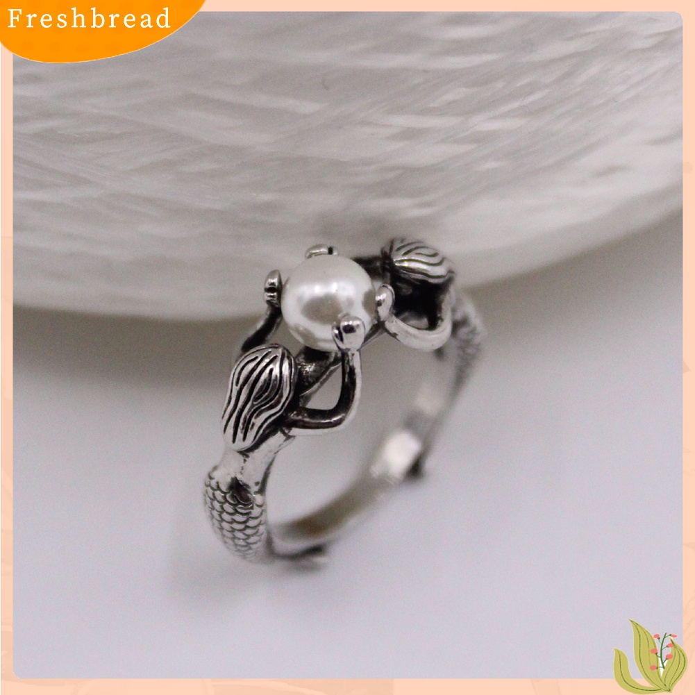 &lt; Freshbread &gt; Fashion Wanita Dua Duyung Diukir Mutiara Imitasi Bertatahkan Jari Cincin Perhiasan Hadiah