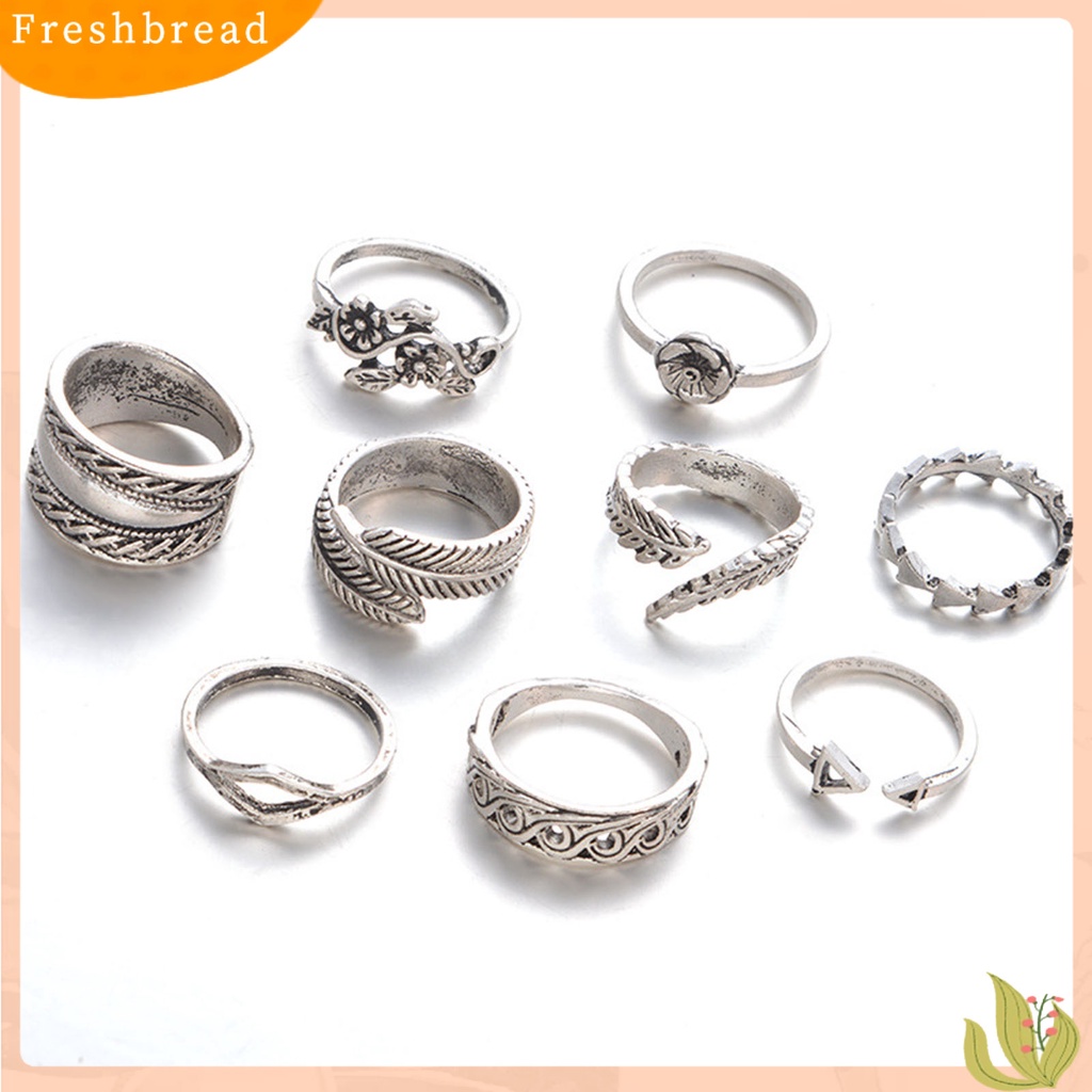 &lt; Freshbread &gt; 9Pcs Stackable Knuckle Rings Hollow Keluar Bunga Daun Wanita Vintage Finger Rings Perhiasan Aksesoris