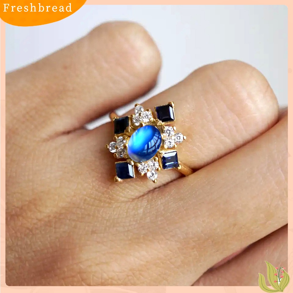 &lt; Freshbread &gt; Faux Moonstone Square Berlian Imitasi Wanita Jari Cincin Pesta Pertunangan Perhiasan Hadiah