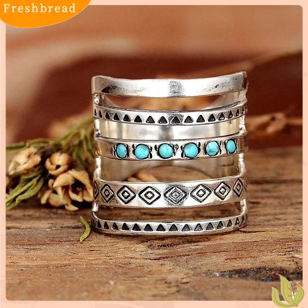 &lt; Freshbread &gt; Wanita Cincin Multilayer Lebar Pirus Dekorasi Simbol Pola Berongga Bohomia Bersama Cincin Perhiasan Aksesoris