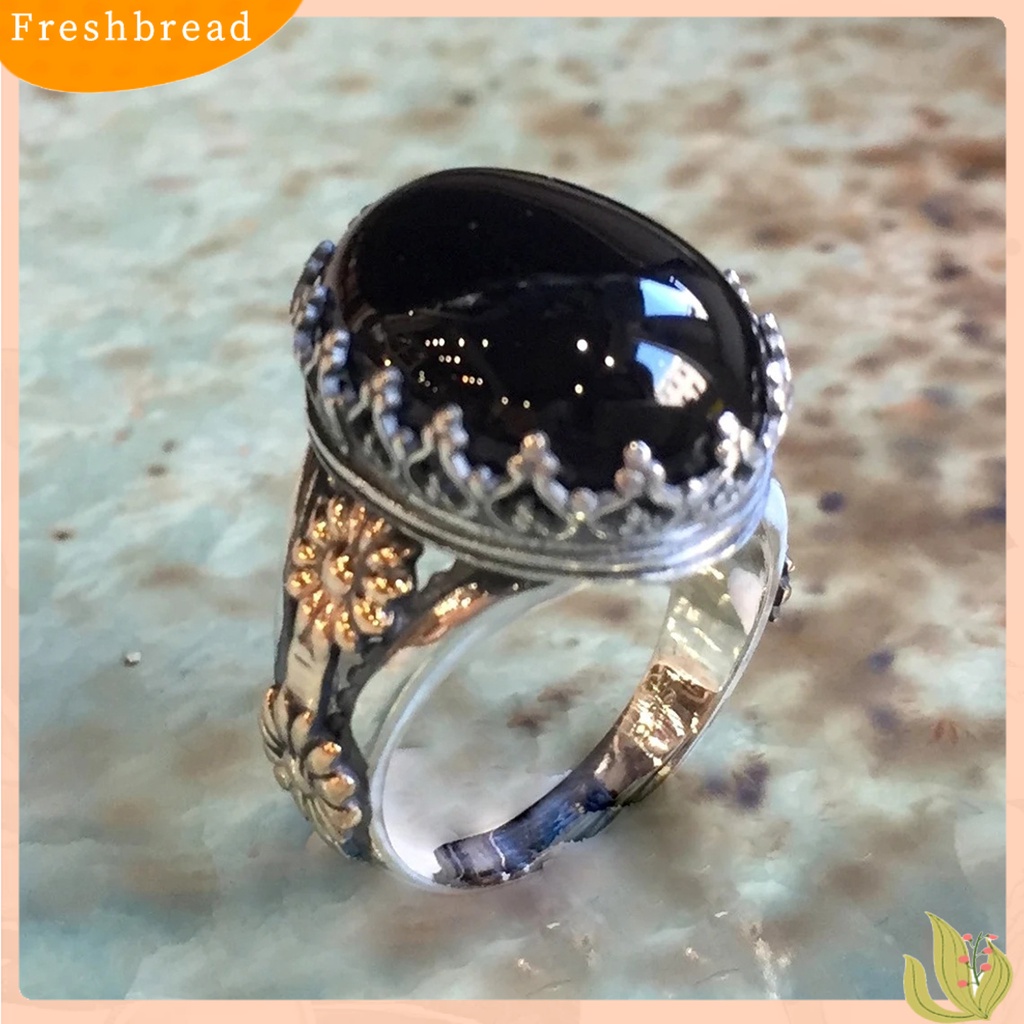 &lt; Freshbread &gt; Cincin Unisex Lebar Gaya Batu Ukir Pola Bunga Cincin Permata Imitasi Aksesoris Perhiasan