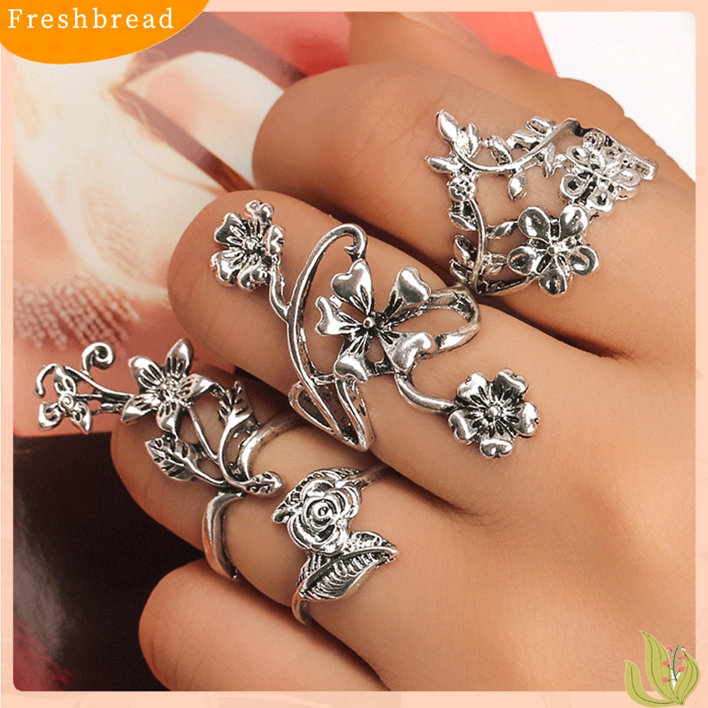 &lt; Freshbread &gt; 4Pcs Wanita Vintage Stereo Bunga Daun Midi Jari Buku Jari Cincin Set Perhiasan