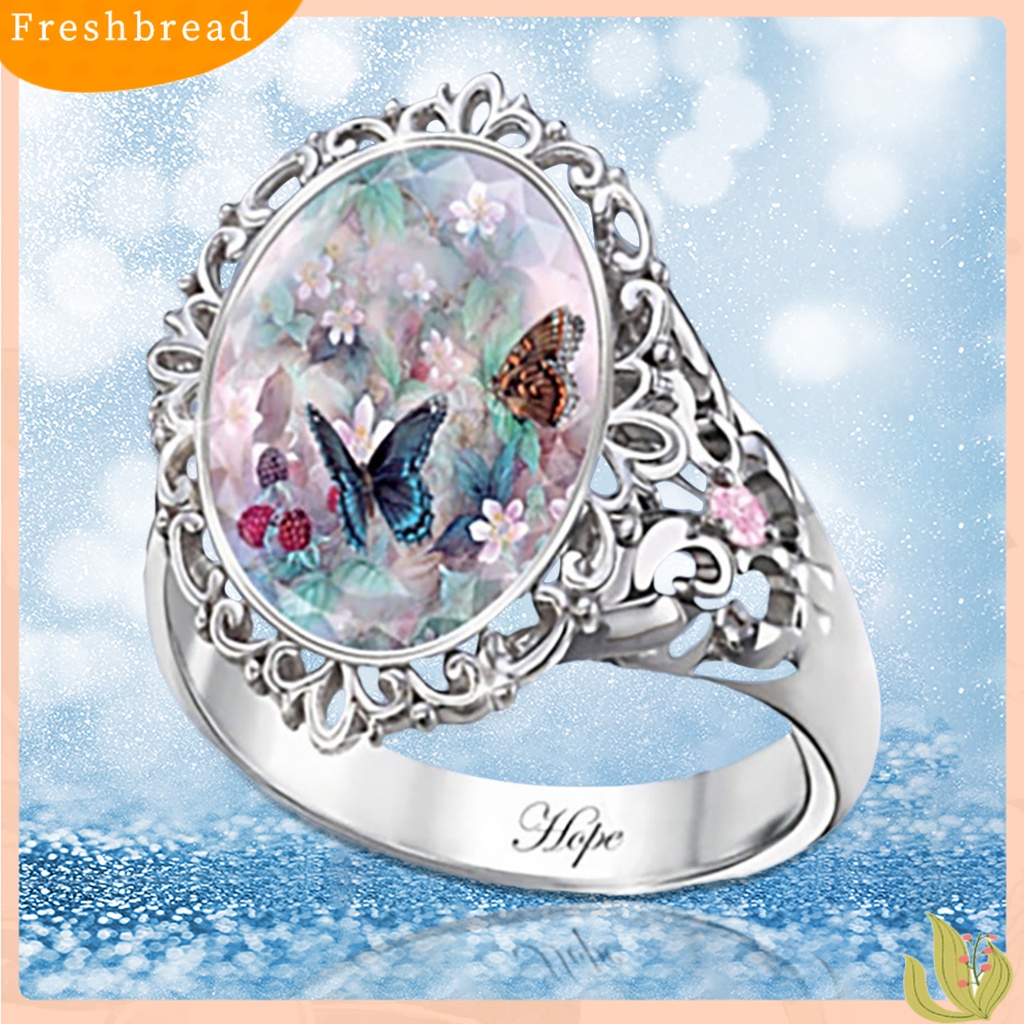 &lt; Freshbread &gt; Aksesori Perhiasan Wanita Dekorasi Elegan Potongan Oval Enamel Bunga Butterfly Ring Untuk Pesta