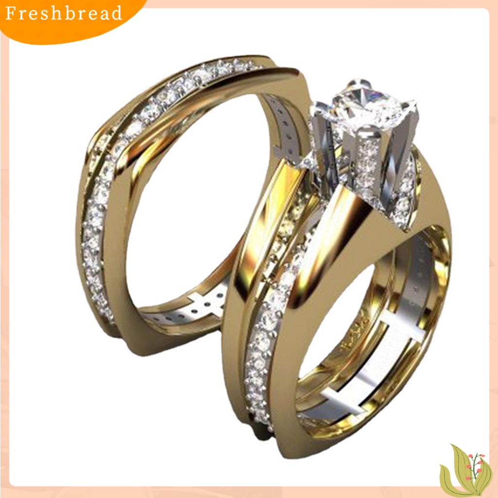 &lt; Freshbread &gt; 2Pcs Wanita Cincin Duawarna Berlapis Emas Mengkilap Geometris Berkilau Dekorasi Hadiah Cubic Zirconia Hias Pernikahan Pertunangan Rings Perhiasan Untuk Pacar