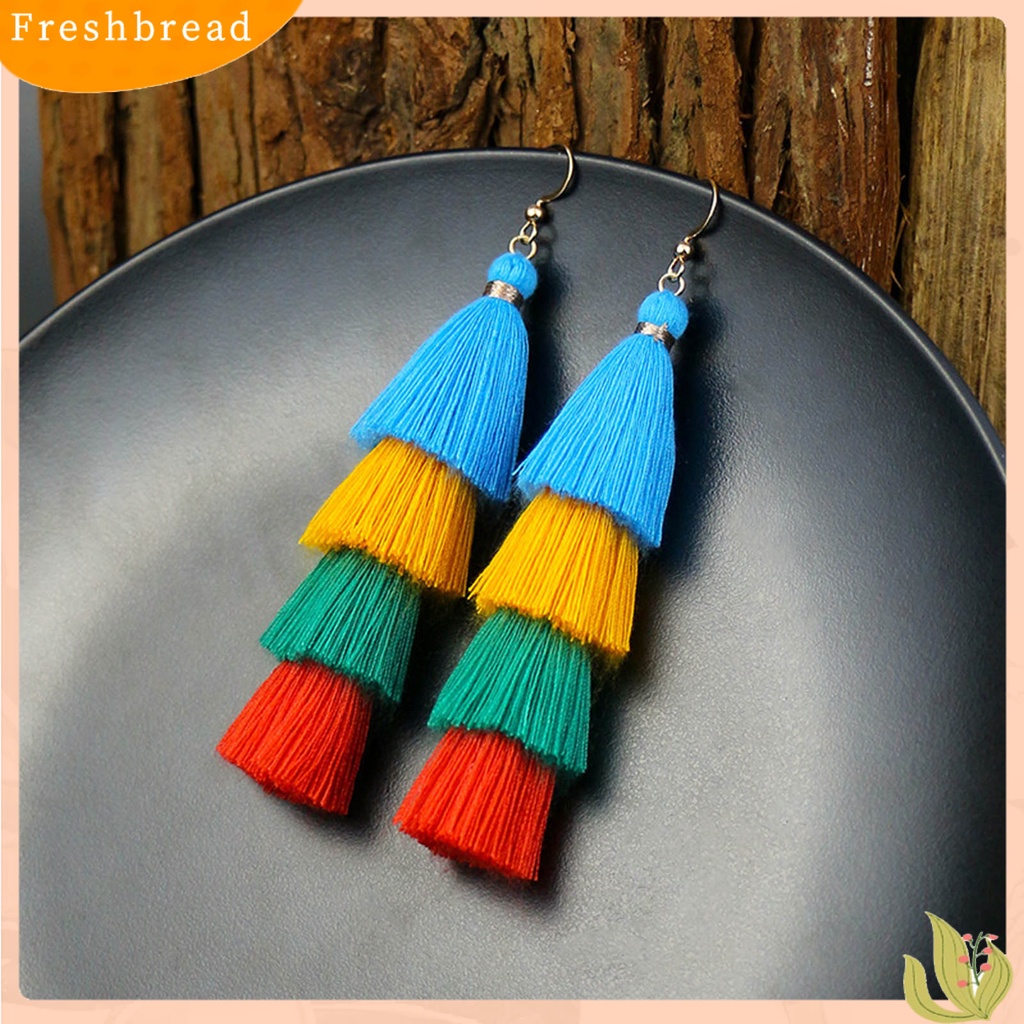 &lt; Freshbread &gt; 1pasang Anting Menarik Gaya Bohemia Ultra Panjang 4lapis Rumbai Fringe Menjuntai Anting Untuk Wanita