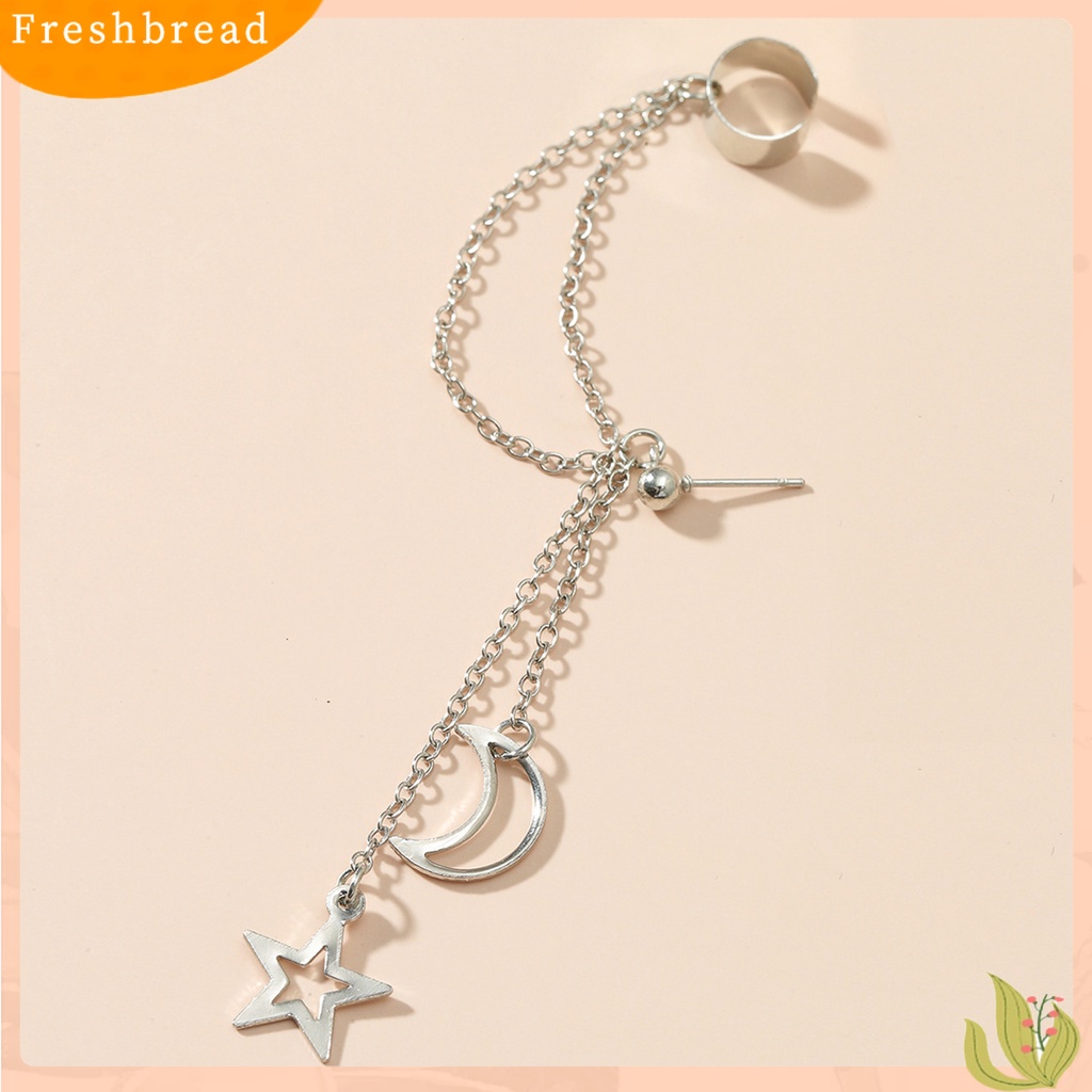 < Freshbread > 1pc Anting Klip Wanita Warna Solid Stainless Gaya Hip Hop Bentuk Bulan Panjang Rumbai Tulang Rawan Earrings Jewelry