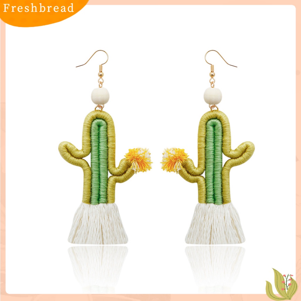 &lt; Freshbread &gt; 1pasang Anting Kait Rajut Tangan Bentuk Kaktus Perhiasan Tali Katun Jumbai Bohemian Anting Menjuntai Untuk Pacaran