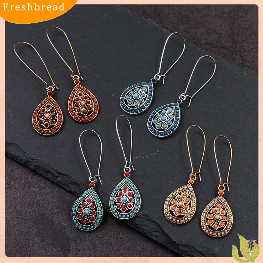 &lt; Freshbread &gt; Bohemian Wanita Manik-Manik Faux Turquoise Hias Hollow Teardrop Menjuntai Kait Anting