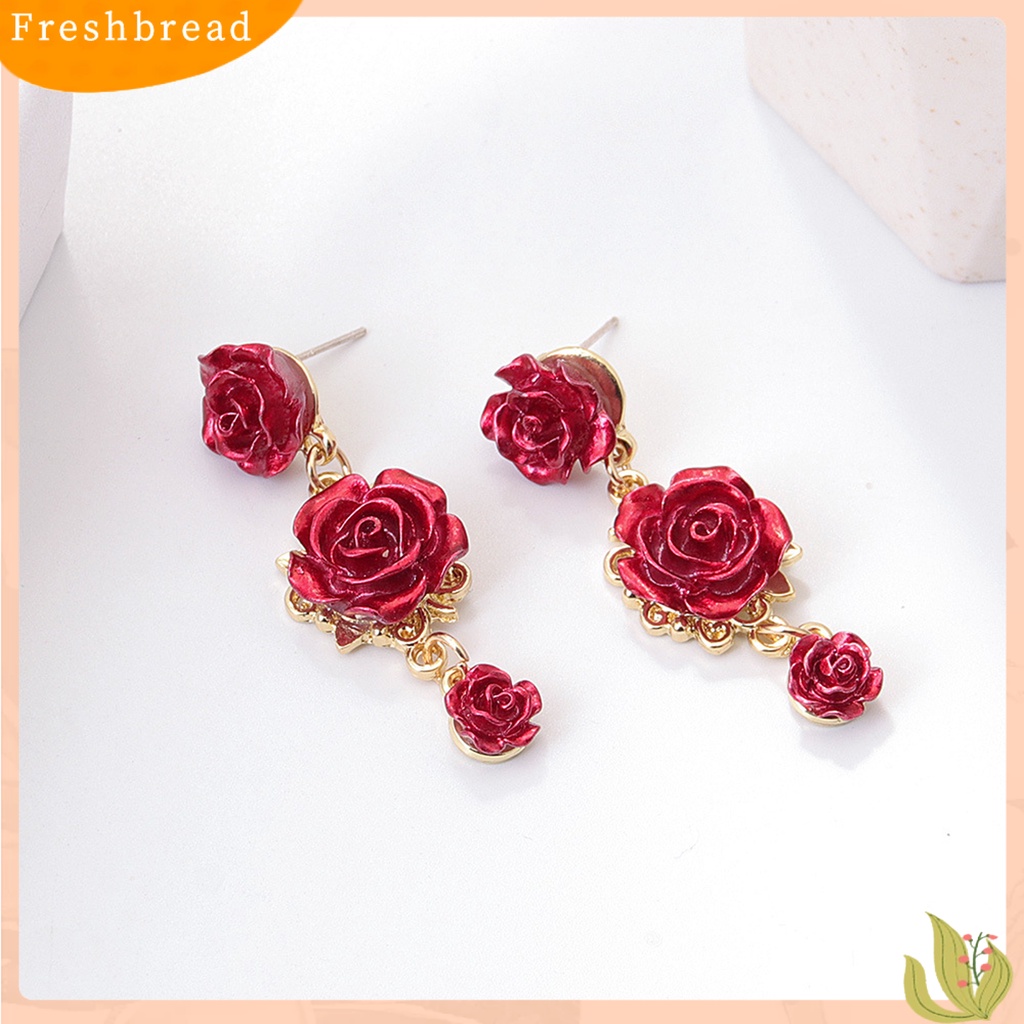 &lt; Freshbread &gt; 1pasang Retro Ear Stud Berlian Imitasi Alloy Rose Design Drop Earrings Aksesoris Telinga