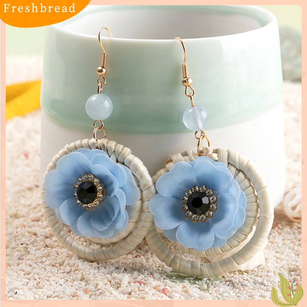 &lt; Freshbread &gt; 1pasang Drop Earrings Lingkaran Bunga Rotan Bersinar Berlian Imitasi Kait Anting Perhiasan Hadiah