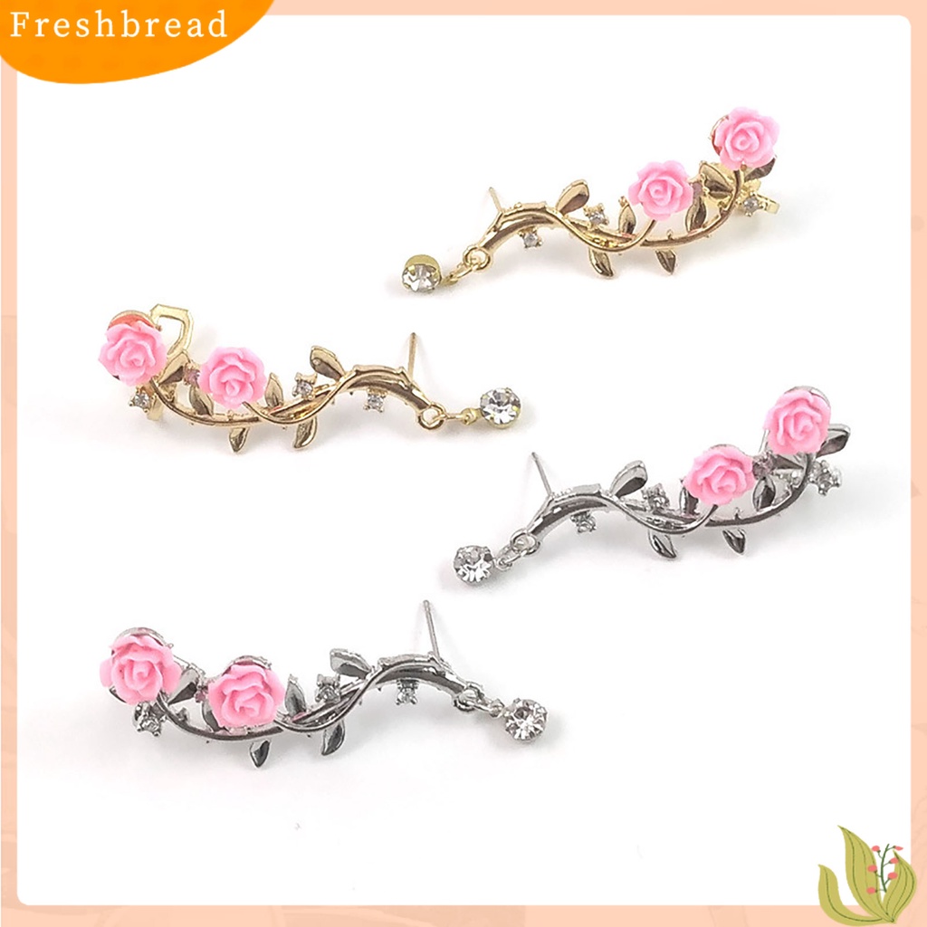 &lt; Freshbread &gt; 1pasang Berlian Imitasi Bersinar Tindik Telinga Studs Bunga Mawar Cabang Cuff Earrings Fashion Jewelry