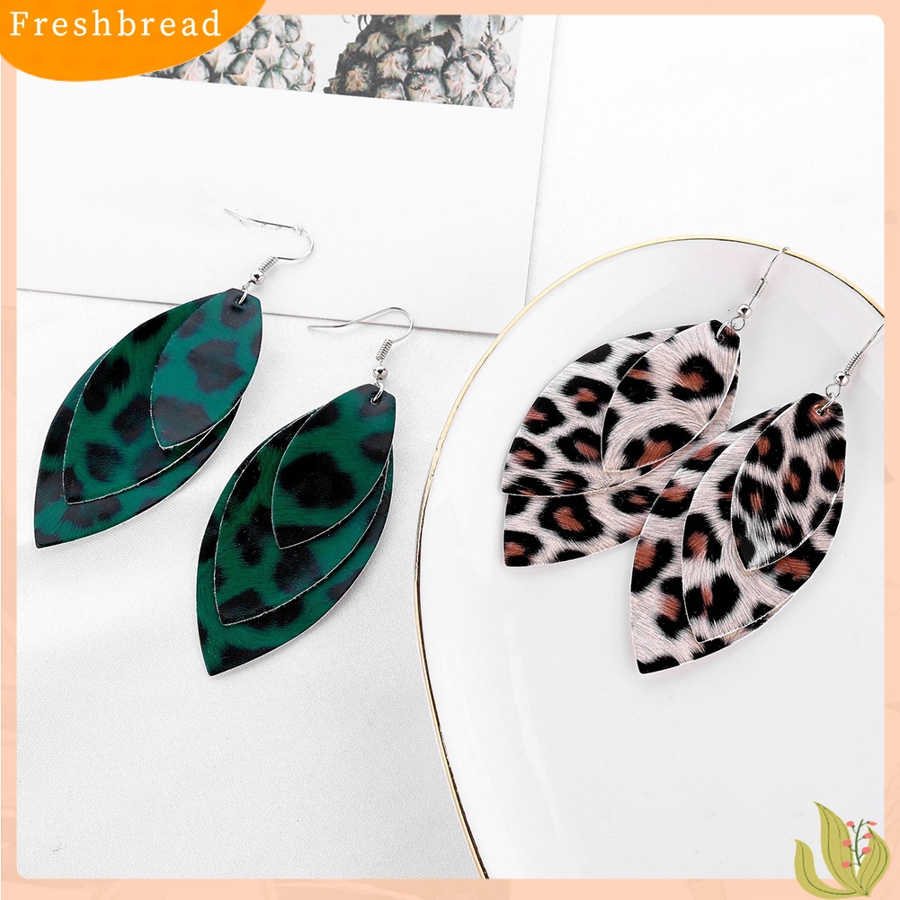 &lt; Freshbread &gt; Wanita Leopard Triple Layer Bentuk Daun Kulit Imitasi Anting Kait Menjuntai Panjang