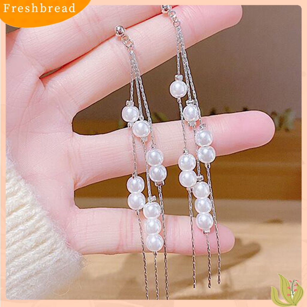 &lt; Freshbread &gt; 1pasang Anting Menjuntai Jumbai Panjang Elegan Alloy Berkilau Berlian Imitasi Anting Mutiara Imitasi Untuk Wanita