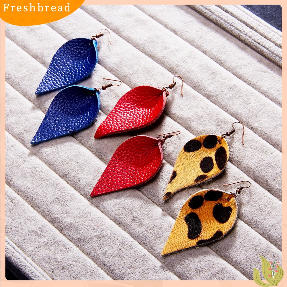 &lt; Freshbread &gt; Punk Wanita Leopard Kulit Imitasi Teardrop Daun Menjuntai Kait Anting Perhiasan Hadiah