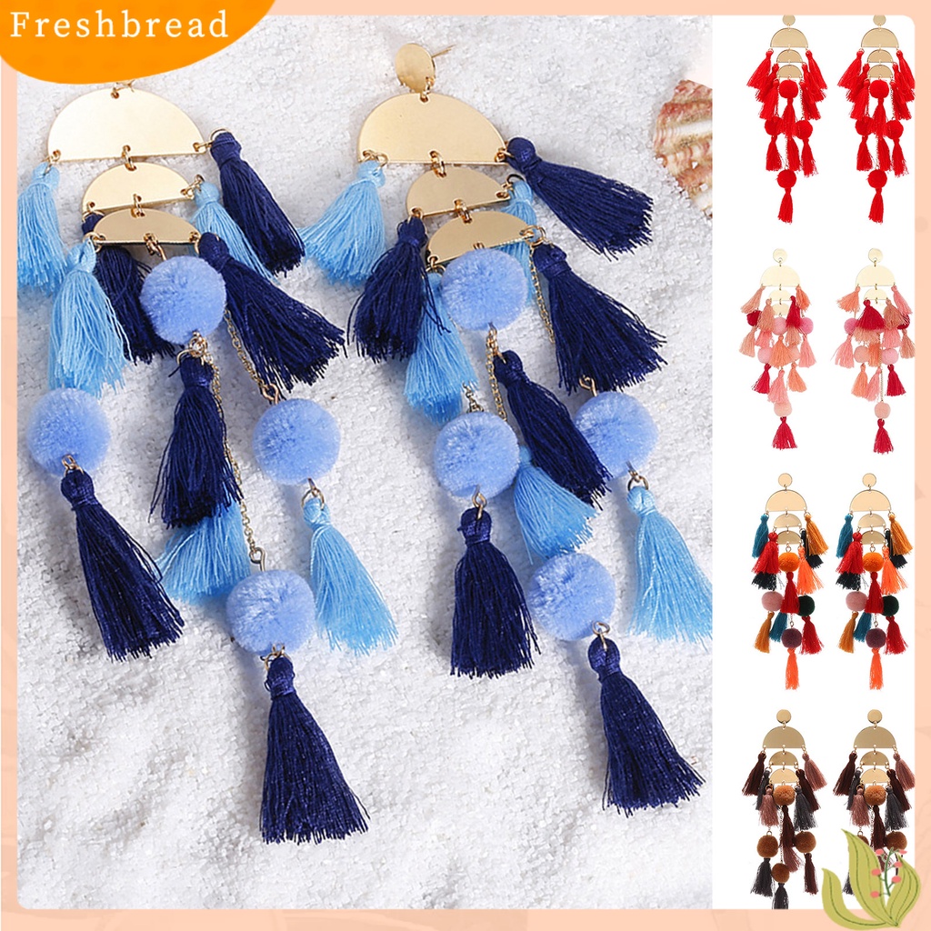 &lt; Freshbread &gt; 1pasang Anting Wanita Bentuk Setengah Lingkaran Tahan Jatuh Bohemian Multi-layer Rumbai Menjuntai Earrings Untuk Travel