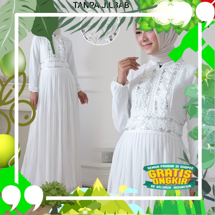 Ayana Gamis Prisket Plisket Murah Fashion Import Branded Ramadh TR791 Agnes Putih Wanita Brukat Baj/