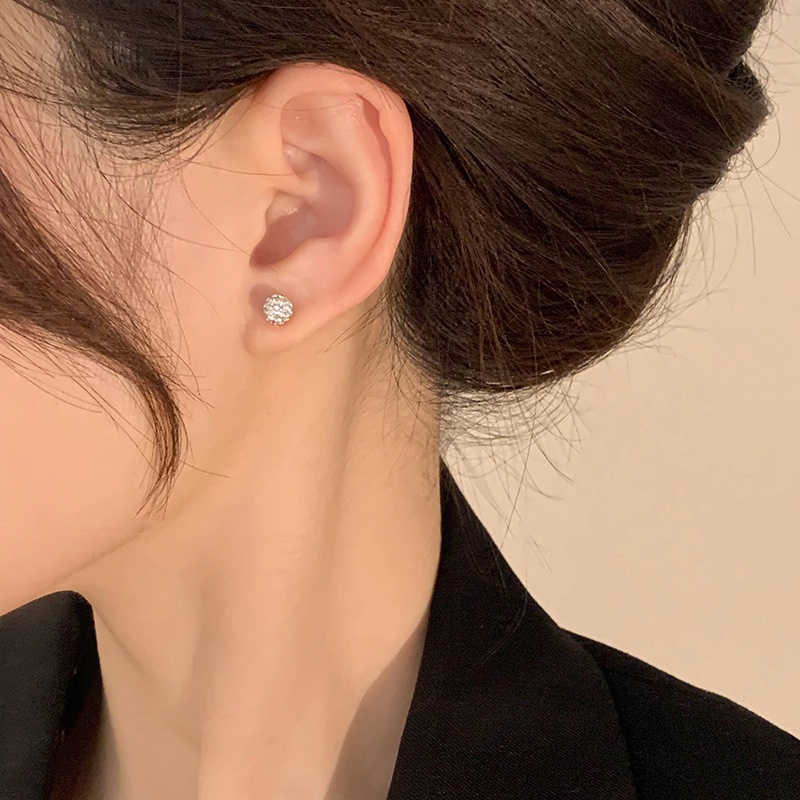 Papaozhu 1 Pc Chic S925 Perak Bersinar Zirkon Bulat Bola Stud Anting-Anting Untuk Wanita Perempuan Mewah Berkilauan Kristal Anting-Anting Elegan Telinga Aksesoris Makan Malam