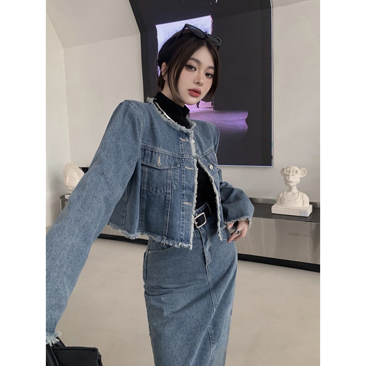 Red Salt Denim Suit Wanita Musim Semi dan Musim Gugur 2023 Mantel Baru Top Musim Semi Rok Temperamen Rok Dua Potong Set