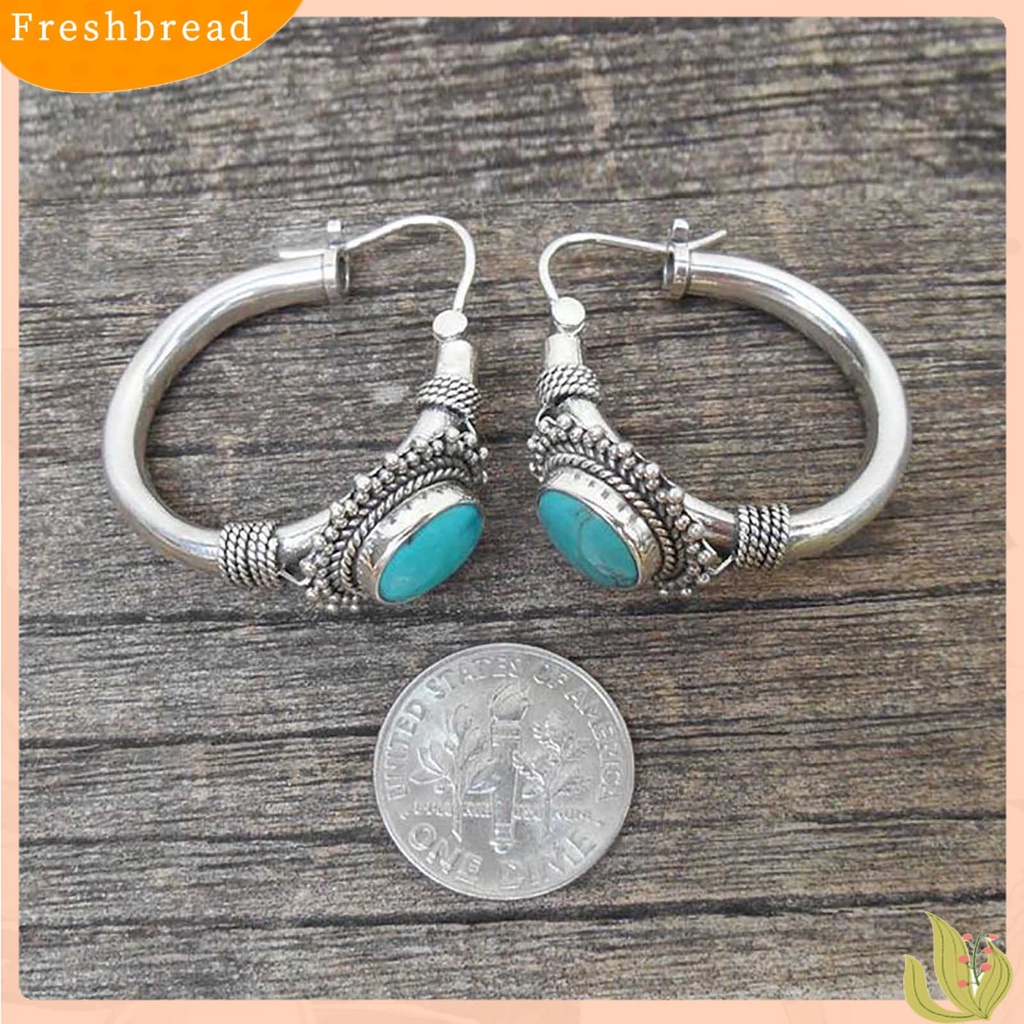 {In Stock} 1pasang Anting Hoop Tindik Oval Ukir Unik Biru Turquoise Bohemia Retro Earrings Aksesoris Perhiasan