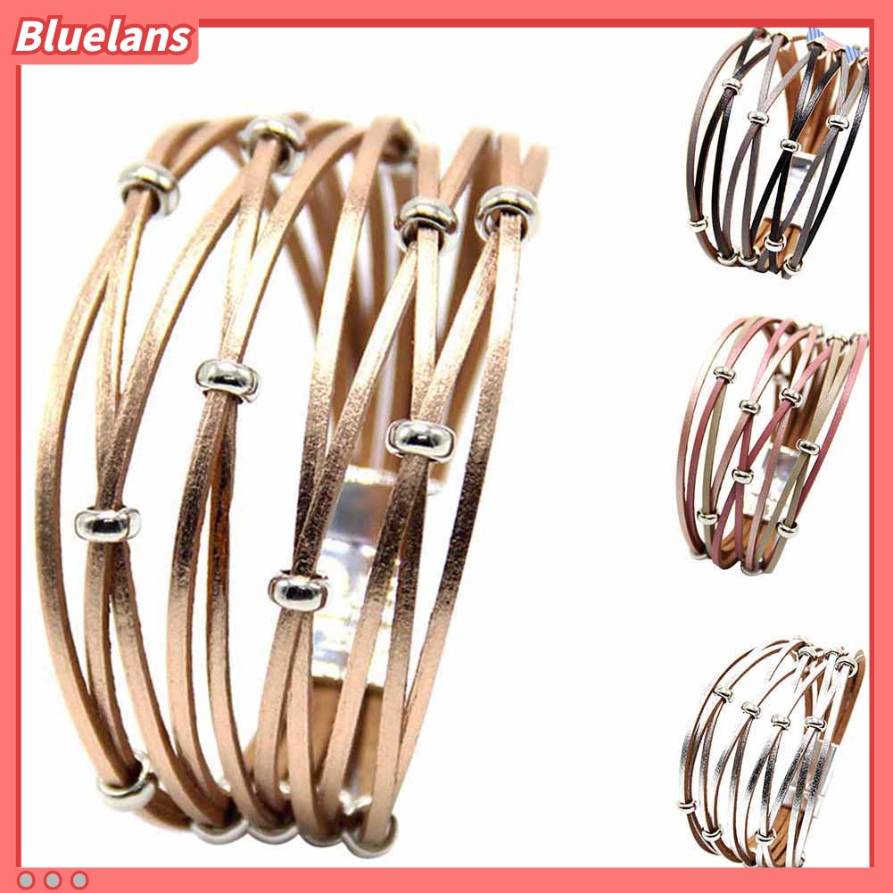 {In Stock} Fashion Wanita Multi Layer Manik-Manik Salib Kulit Asli Kancing Gelang