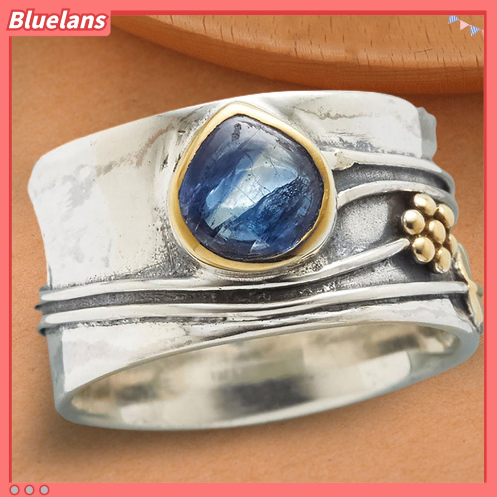 {In Stock} Cincin Vintage Two-tone Sederhana Statement Biru Permata Imitasi Daun Bunga Jari Cincin Perhiasan Aksesoris