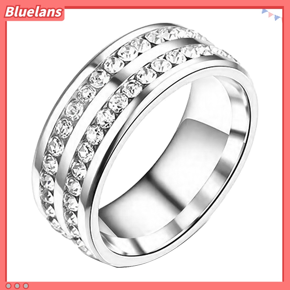 {In Stock} Wanita Mewah Baris Ganda Berlian Imitasi Bertatahkan Jari Cincin Pernikahan Pertunangan Perhiasan