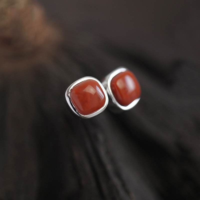 Goldkingdom Fashion Perhiasan Aksesoris Ready Stock Vintage Gaya Cina Alami Southern Merah Onyx Anting Datar Bawah Polos Berlapis Perak Geometris Stud Earrings Wanita